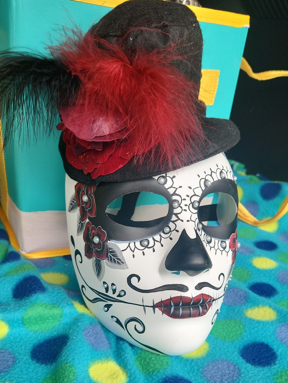 Source Unknown Red and Black Sugar Skull Mask with Feathered Hat